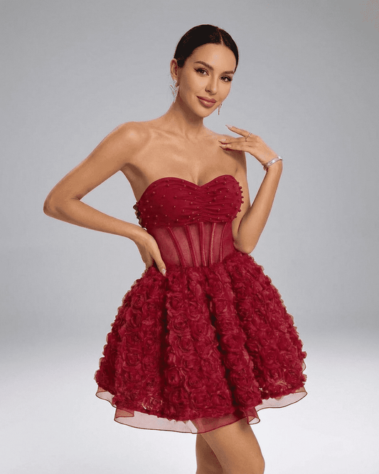RAMBLION Verona Mini Dress - Beaded strapless puff mini with 3D floral texture in rich red color.