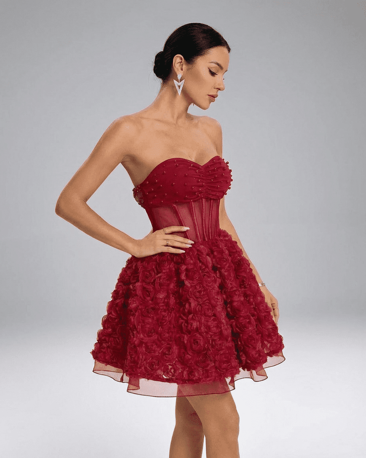 RAMBLION Verona Mini Dress, beaded strapless puff mini dress with 3D floral texture, showcasing couture-inspired design.