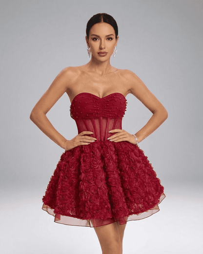 RAMBLION Verona Mini Dress — Strapless puff mini with 3D floral texture and beaded detailing, showcasing dramatic volume.