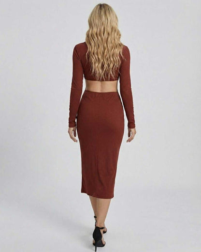 Lava Midi Dress in brown, featuring a fitted silhouette and long sleeves, perfect for chic occasions. By RAMBLION.