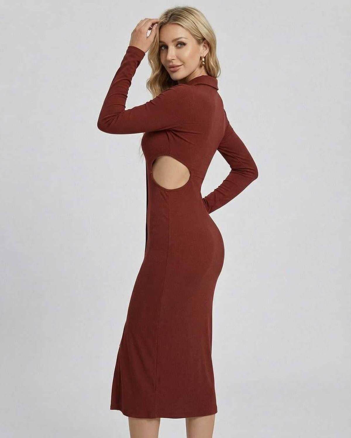 Lava Midi Dress by RAMBLION, brown cotton denim, stylish V neck, perfect for chic occasions, soft feel and sleek silhouette.
