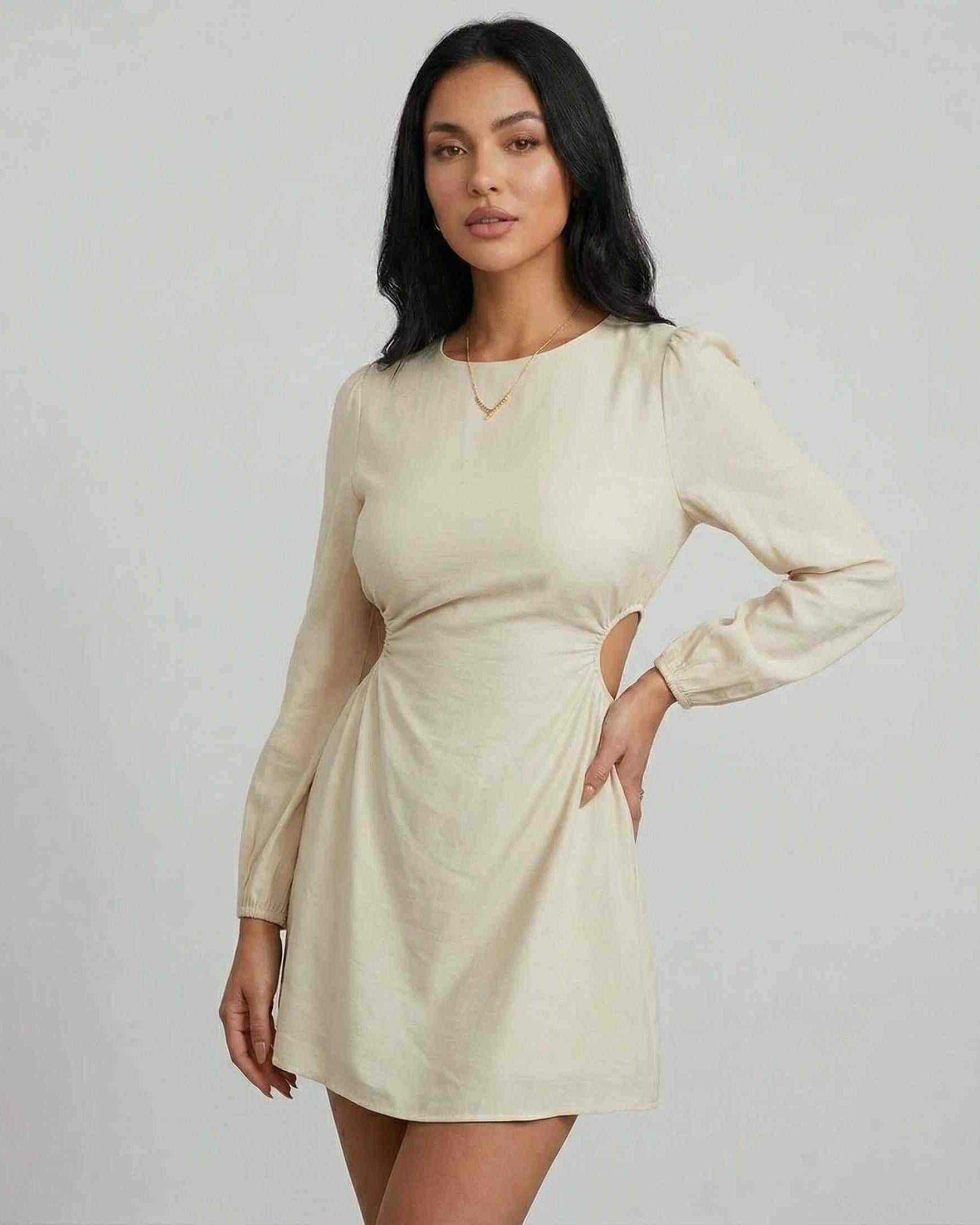 Lava Mini Dress by RAMBLION, beige A-line with side cut-outs, round neck, perfect for autumn and winter occasions.