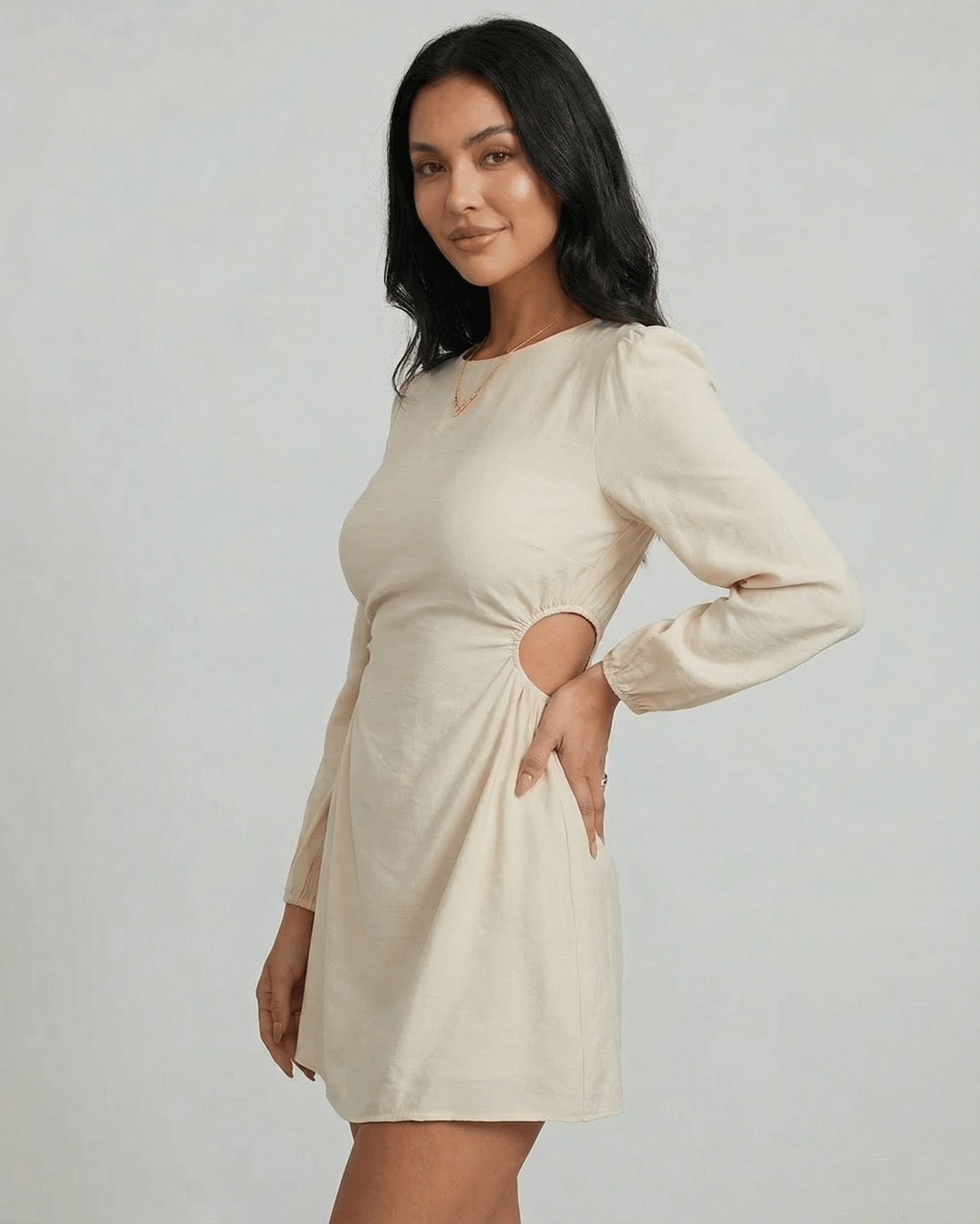 Lava Mini Dress by RAMBLION, beige, round neck, A-line silhouette with side cut-out, perfect for autumn occasions.