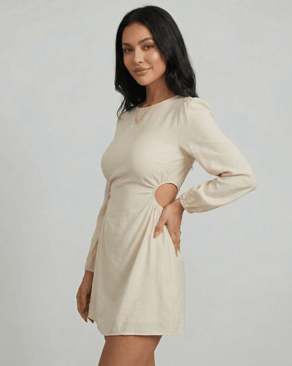 Lava Mini Dress by RAMBLION, beige, round neck, A-line silhouette with side cut-out, perfect for autumn occasions.