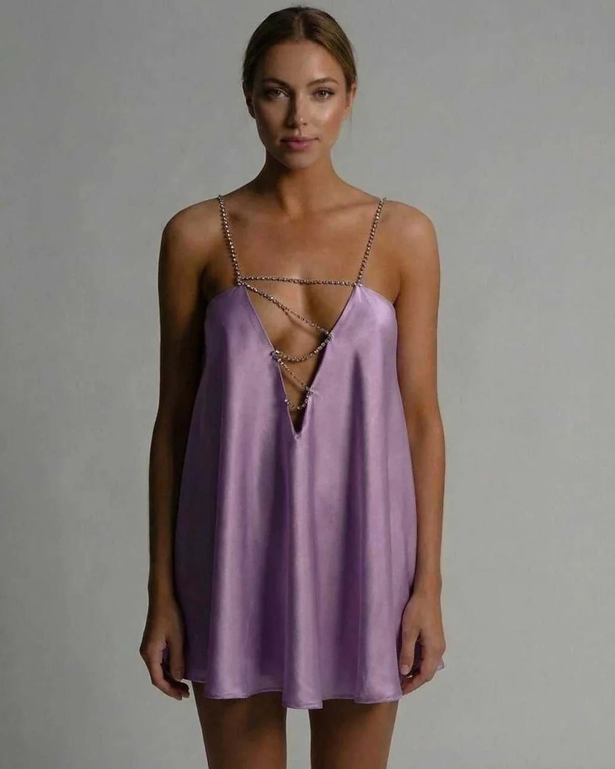 Lavender Satin A-line V-Neck Sleeveless Mini Dress | Black-Tie Events, Cocktail Parties, Everyday Wear & Brunch, front view | | SKU: CMD-482930176-lavender-L-2269,CMD-482930176-lavender-M-3316,CMD-482930176-lavender-S-9404,CMD-482930176-lavender-XL-9892,CMD-482930176-lavender-XS-6002