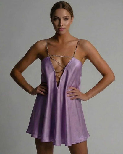 Lavender Satin A-line V-Neck Sleeveless Mini Dress | Black-Tie Events, Cocktail Parties, Everyday Wear & Brunch, front view | | SKU: CMD-482930176-lavender-L-2269,CMD-482930176-lavender-M-3316,CMD-482930176-lavender-S-9404,CMD-482930176-lavender-XL-9892,CMD-482930176-lavender-XS-6002