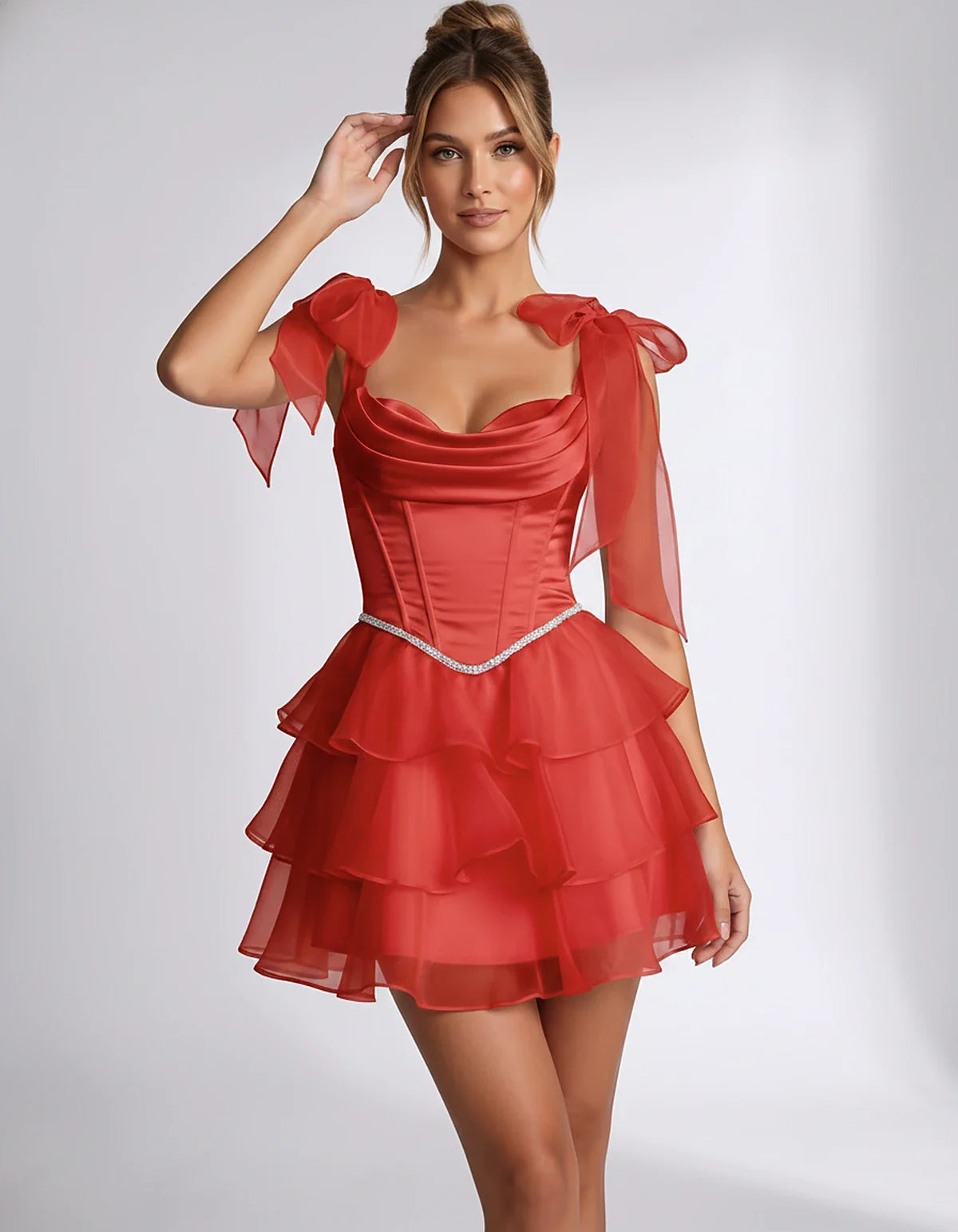 Lavender Satin Fit and Flare Mini Dress | Black-Tie Events, front view | Ramblion | SKU: CMD-582741963852714-RED-L,CMD-582741963852714-RED-M,CMD-582741963852714-RED-S,CMD-582741963852714-RED-XL,CMD-582741963852714-RED-XS