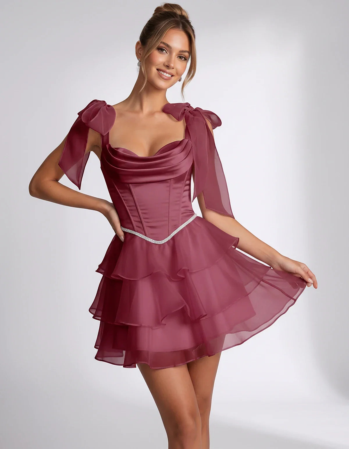 Lavender Satin Fit and Flare Mini Dress | Black-Tie Events, front view | Ramblion | SKU: CMD-582741963852714-BURGUNDY-L,CMD-582741963852714-BURGUNDY-M,CMD-582741963852714-BURGUNDY-S,CMD-582741963852714-BURGUNDY-XL,CMD-582741963852714-BURGUNDY-XS