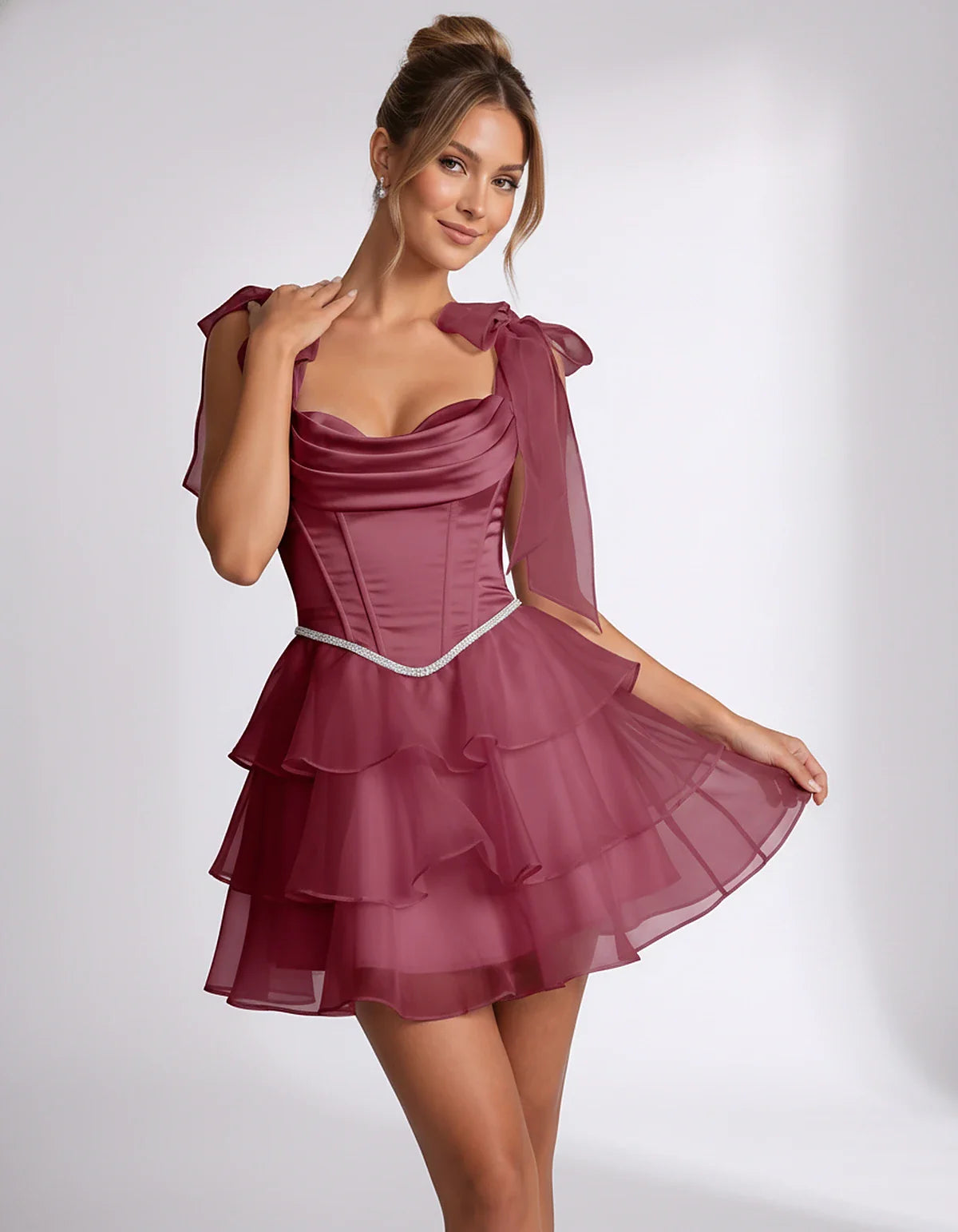 Lavender Satin Fit and Flare Mini Dress | Black-Tie Events, front view | Ramblion | SKU: CMD-582741963852714-BURGUNDY-L,CMD-582741963852714-BURGUNDY-M,CMD-582741963852714-BURGUNDY-S,CMD-582741963852714-BURGUNDY-XL,CMD-582741963852714-BURGUNDY-XS