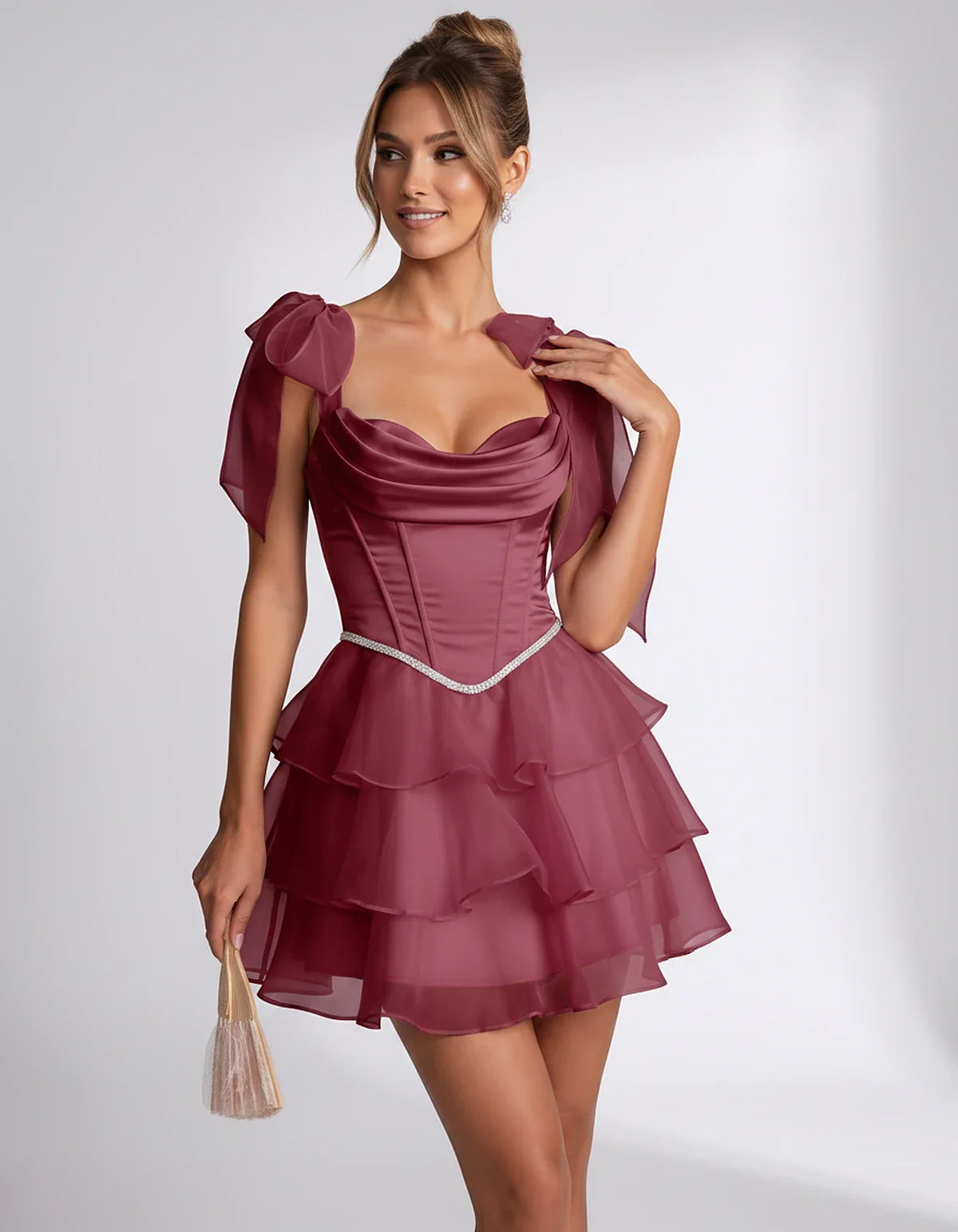 Lavender Satin Fit and Flare Mini Dress | Black-Tie Events, front view | Ramblion | SKU: CMD-582741963852714-BURGUNDY-L,CMD-582741963852714-BURGUNDY-M,CMD-582741963852714-BURGUNDY-S,CMD-582741963852714-BURGUNDY-XL,CMD-582741963852714-BURGUNDY-XS