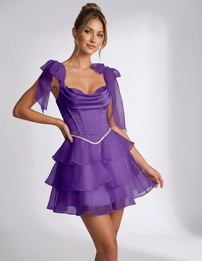 Lavender Satin Fit and Flare Mini Dress | Black-Tie Events, front view | Ramblion | SKU: CMD-582741963852714-PURPLE-L,CMD-582741963852714-PURPLE-M,CMD-582741963852714-PURPLE-S,CMD-582741963852714-PURPLE-XL,CMD-582741963852714-PURPLE-XS