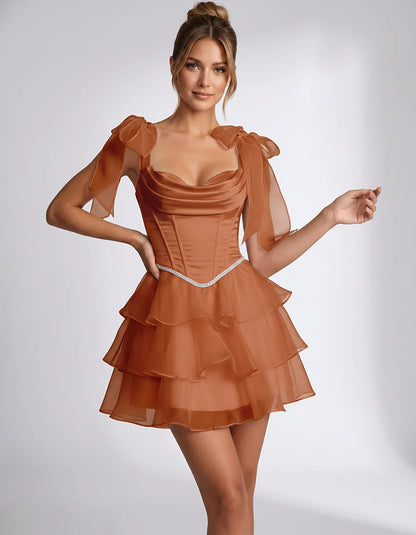 Lavender Satin Fit and Flare Mini Dress | Black-Tie Events, front view | Ramblion | SKU: CMD-582741963852714-ORANGE-L,CMD-582741963852714-ORANGE-M,CMD-582741963852714-ORANGE-S,CMD-582741963852714-ORANGE-XL,CMD-582741963852714-ORANGE-XS