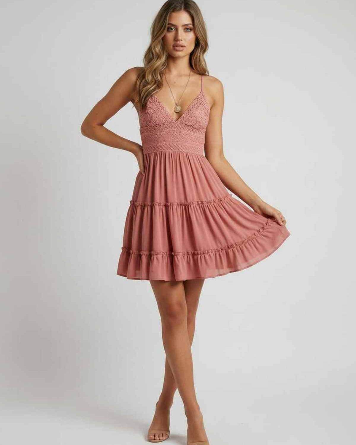 Laya Mini Dress by RAMBLION in charming pink, features V neck, lace overlay, perfect for parties and stylish events.
