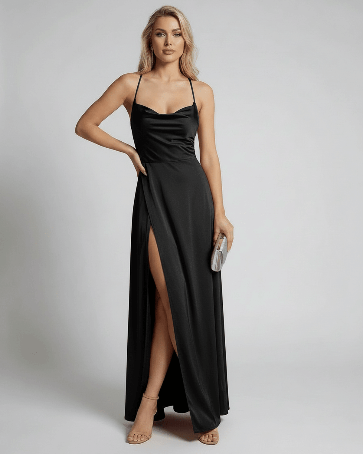 Leah Maxi Dress by RAMBLION, black satin gown with adjustable straps and elegant draped neckline for formal occasions.