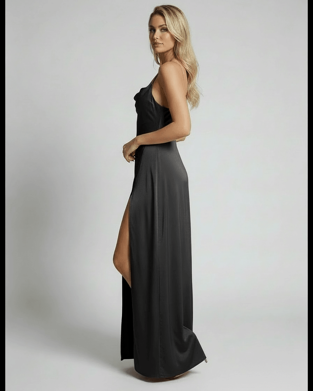 Leah Maxi Dress in black satin, features adjustable straps and side slit, ideal for elegant occasions - RAMBLION.