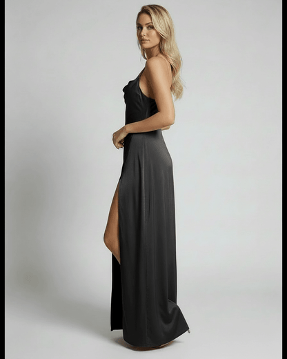 Leah Maxi Dress in black satin, features adjustable straps and side slit, ideal for elegant occasions - RAMBLION.