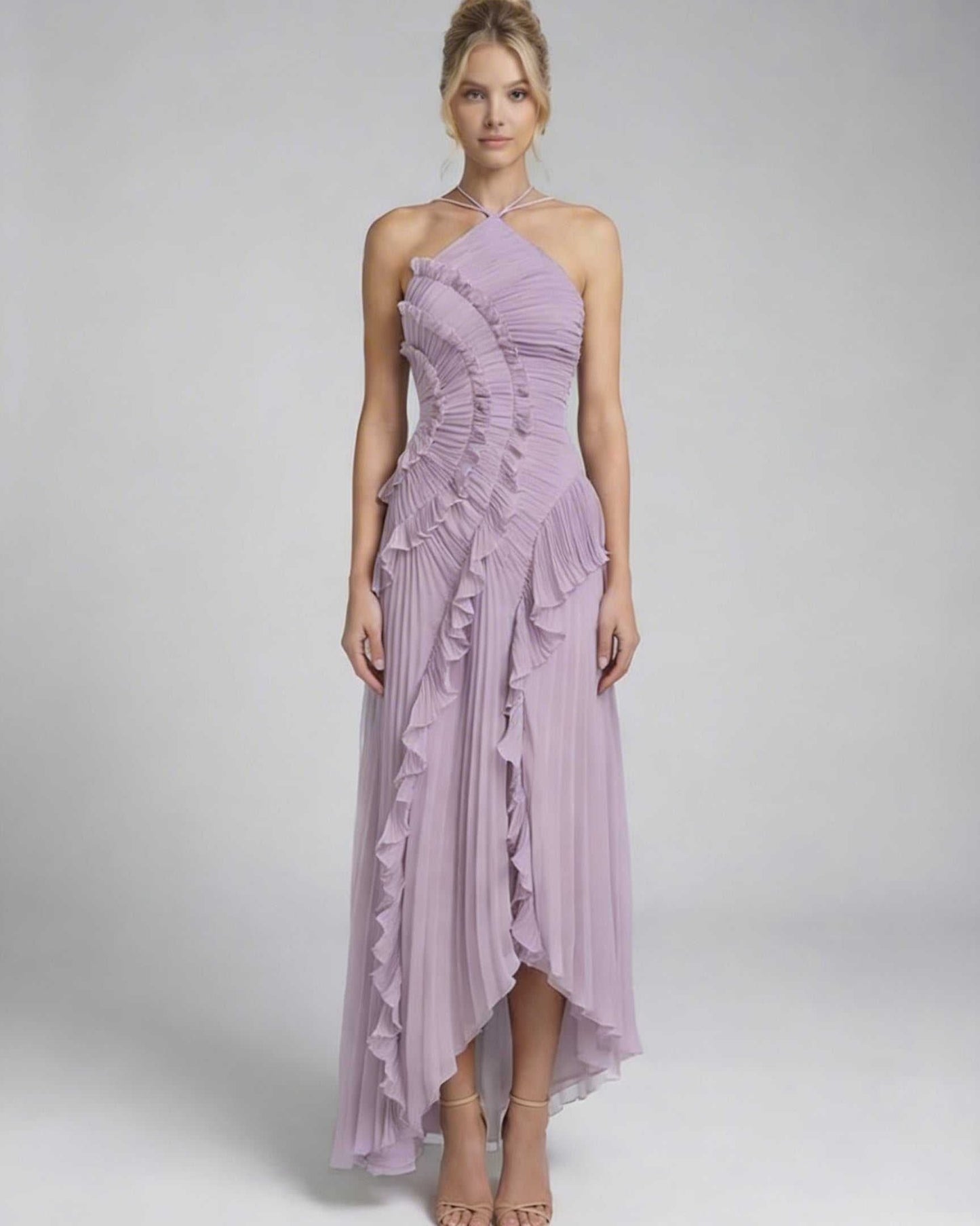 Leoa Maxi Dress in lavendar, featuring pleating and ruffles for an elegant look by RAMBLION.