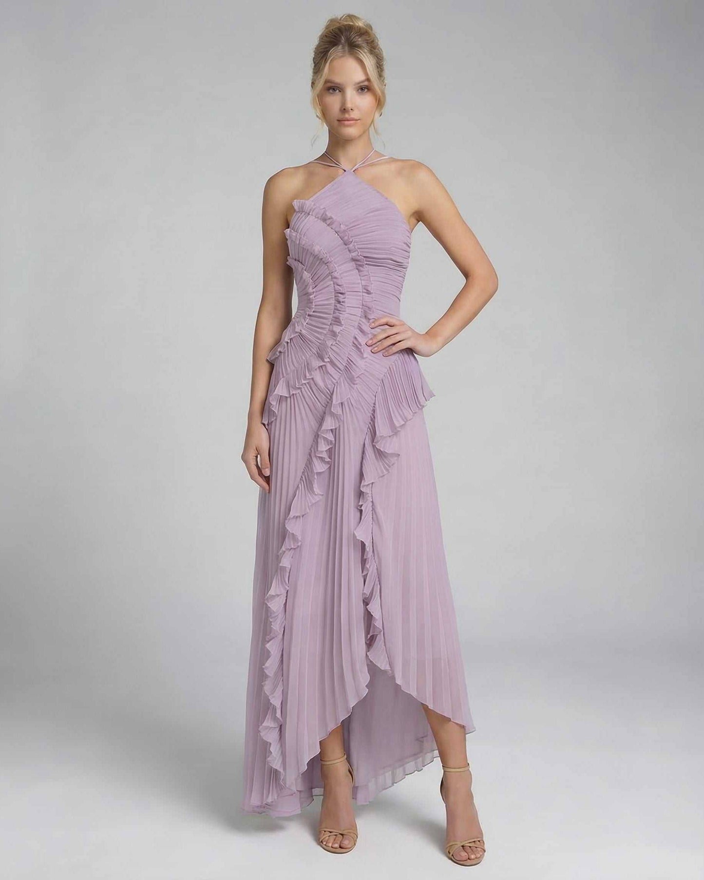 Leoa Maxi Dress in soft lavender, featuring pleats and ruffles, perfect for elegant occasions by RAMBLION.