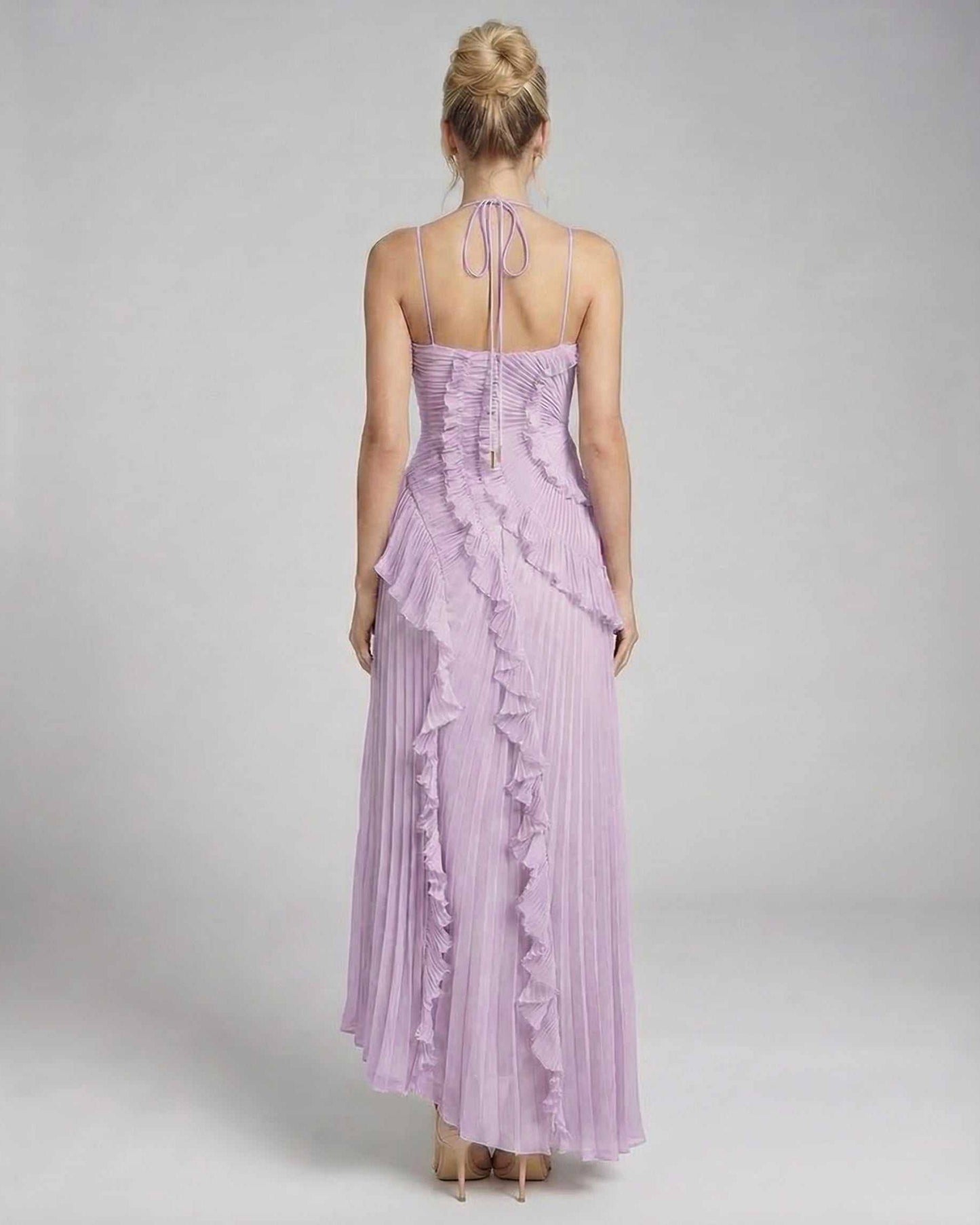 Leoa Maxi Dress in lavender with pleating and ruffles, perfect for elegant occasions by RAMBLION.