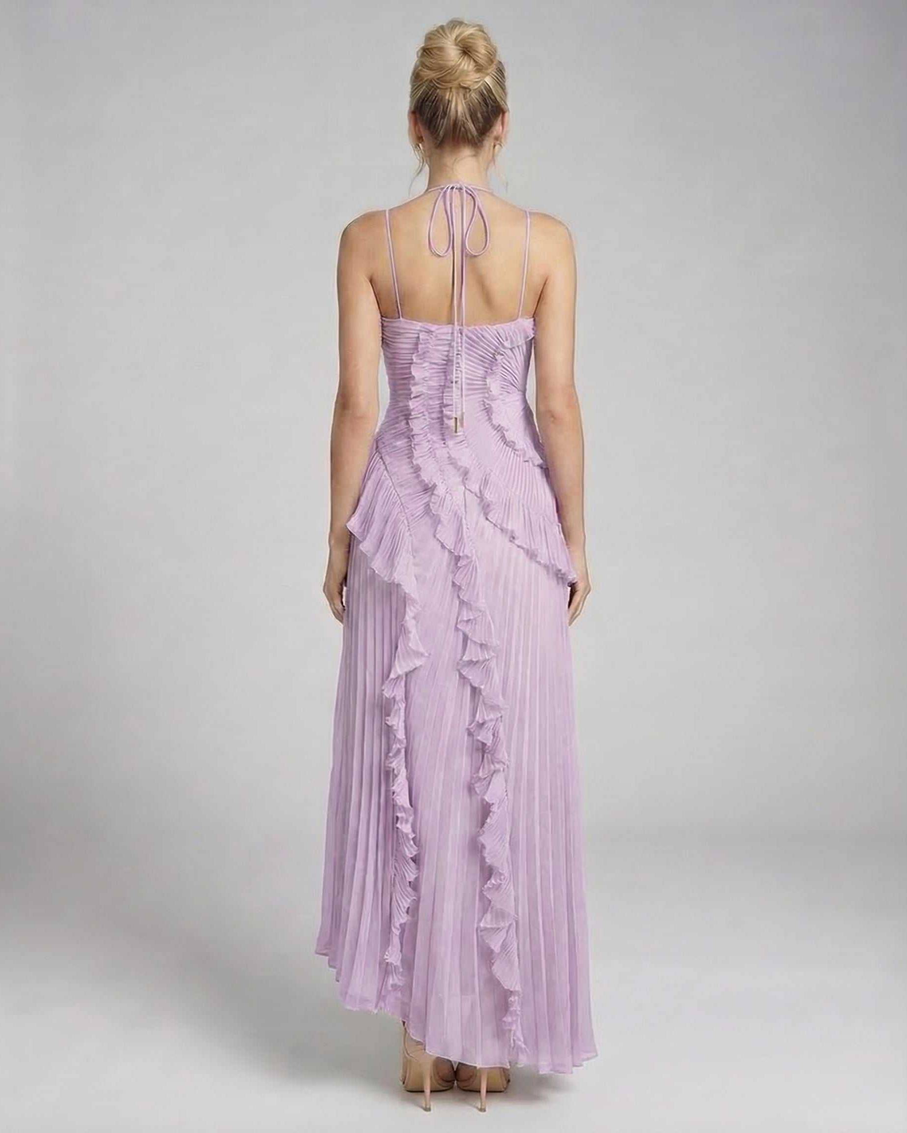 Leoa Maxi Dress in lavender with pleating and ruffles, perfect for elegant occasions by RAMBLION.