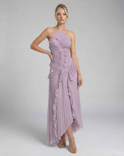 Leoa Maxi Dress in lavender with pleating and ruffles, perfect for elegant occasions by RAMBLION.