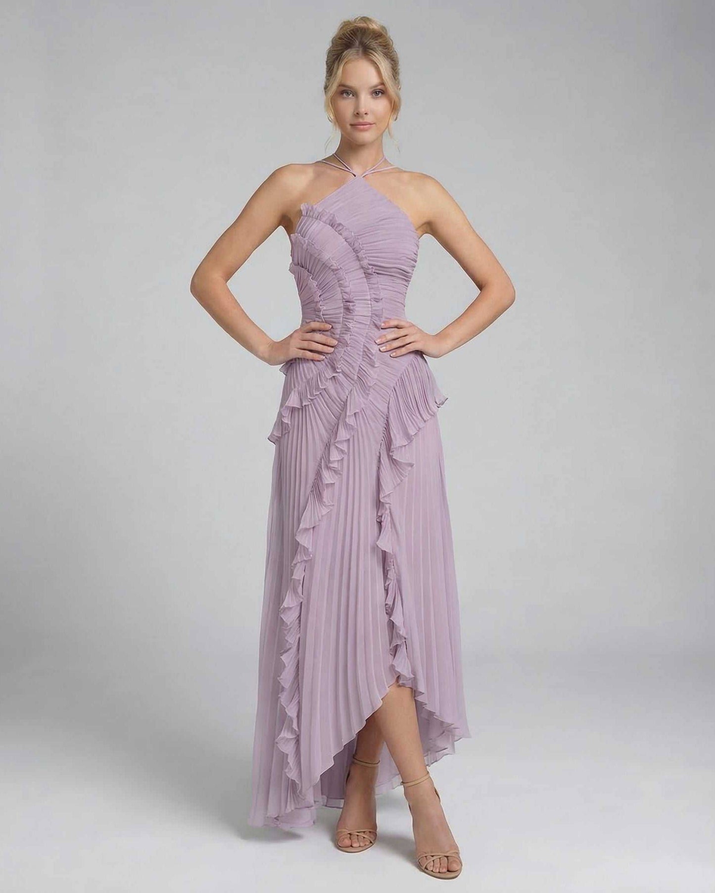 Leoa Maxi Dress in a luxurious lavender hue, featuring intricate pleating and ruffles from RAMBLION, perfect for elegant occasions.