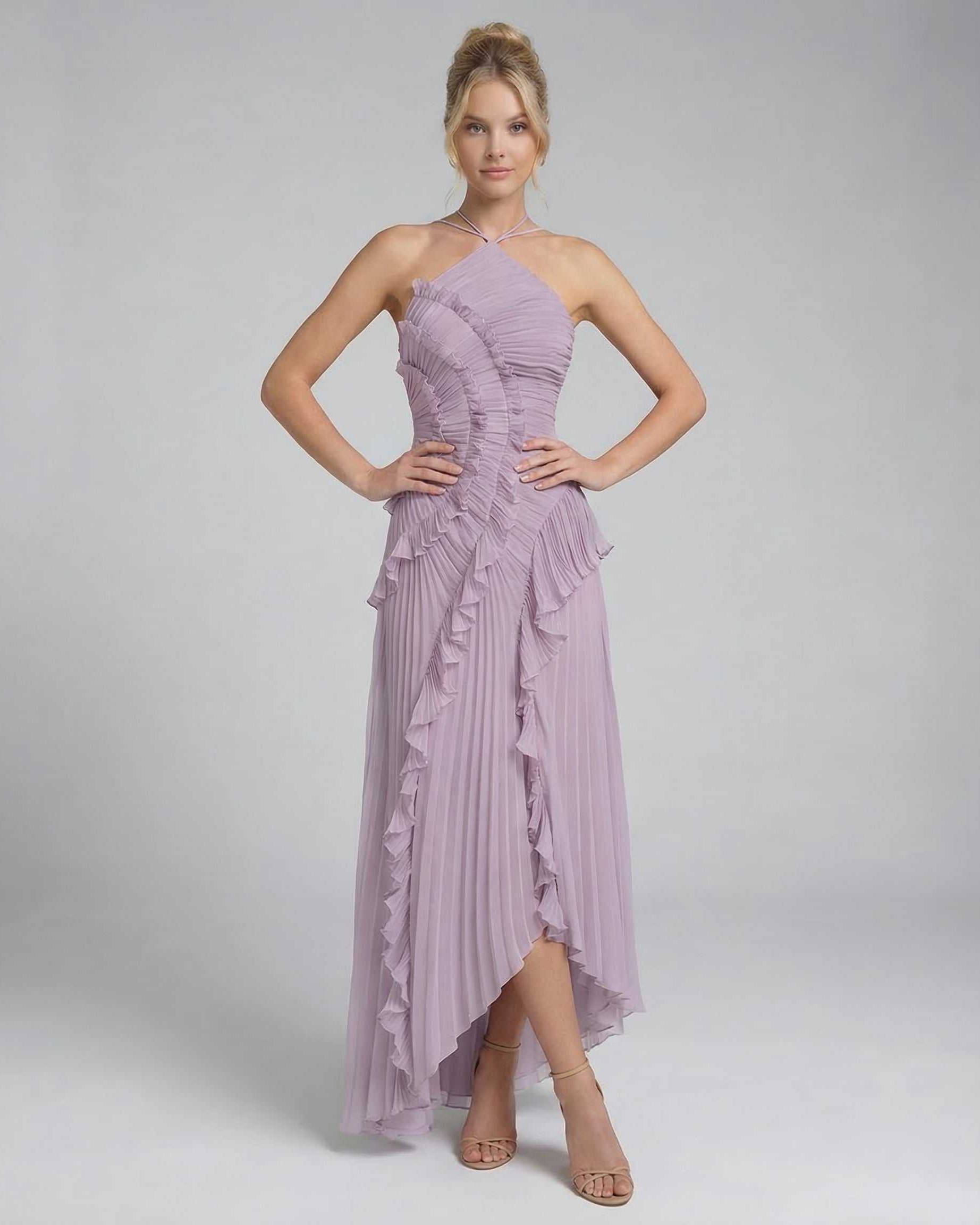 Leoa Maxi Dress in a luxurious lavender hue, featuring intricate pleating and ruffles from RAMBLION, perfect for elegant occasions.