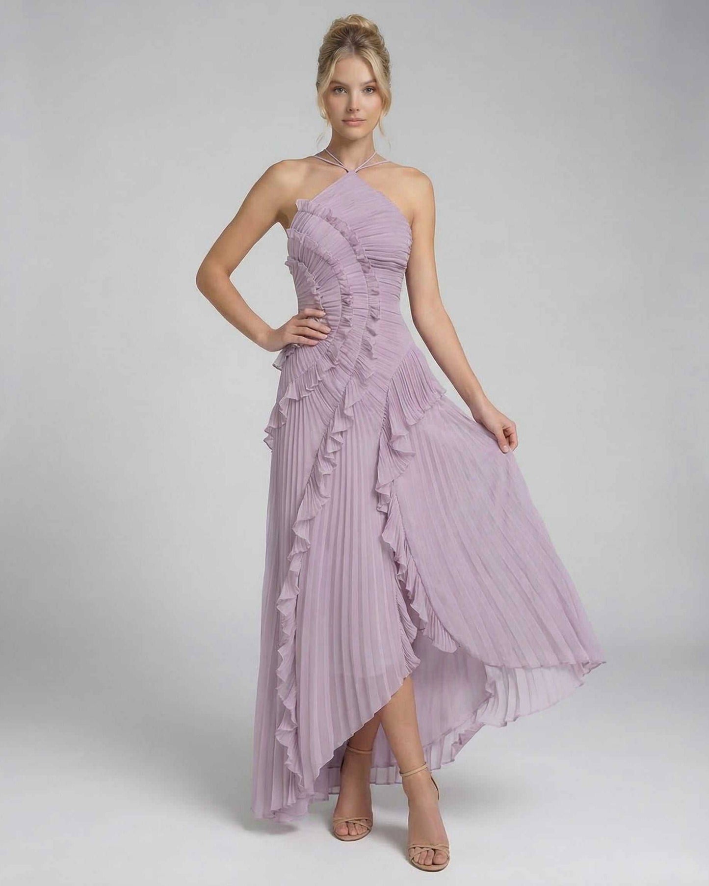Leoa Maxi Dress by RAMBLION, elegant pleated design, halter neckline, perfect for formal occasions.