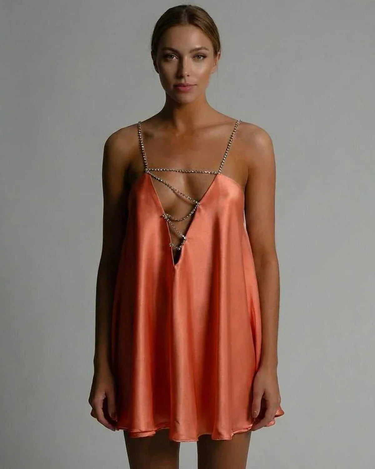 Orange Satin A-line V-Neck Sleeveless Mini Dress | Prom, Celebrations & Everyday Wear, front view | Ramblion | SKU: MMD-582749103-orange-L-9481,MMD-582749103-orange-M-9059,MMD-582749103-orange-S-5866,MMD-582749103-orange-XL-6693,MMD-582749103-orange-XS-3642