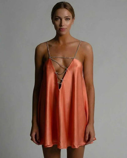 Orange Satin A-line V-Neck Sleeveless Mini Dress | Prom, Celebrations & Everyday Wear, front view | Ramblion | SKU: MMD-582749103-orange-L-9481,MMD-582749103-orange-M-9059,MMD-582749103-orange-S-5866,MMD-582749103-orange-XL-6693,MMD-582749103-orange-XS-3642