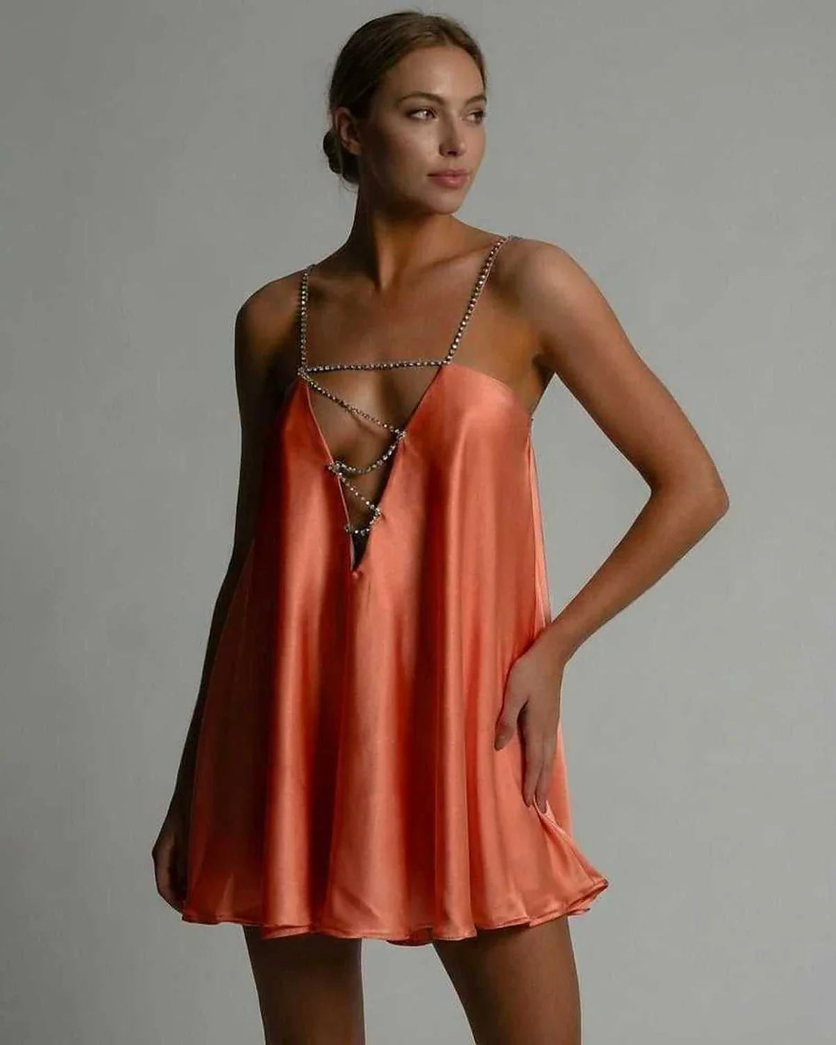 Orange Satin A-line V-Neck Sleeveless Mini Dress | Prom, Celebrations & Everyday Wear, front view | Ramblion | SKU: MMD-582749103-orange-L-9481,MMD-582749103-orange-M-9059,MMD-582749103-orange-S-5866,MMD-582749103-orange-XL-6693,MMD-582749103-orange-XS-3642