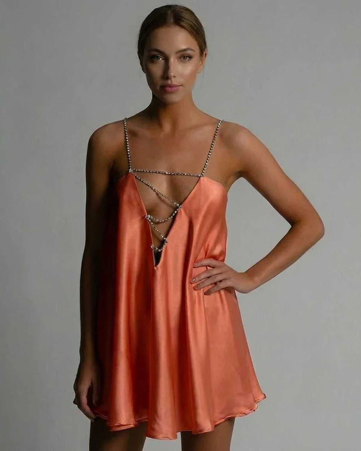 Orange Satin A-line V-Neck Sleeveless Mini Dress | Prom, Celebrations & Everyday Wear, front view | Ramblion | SKU: MMD-582749103-orange-L-9481,MMD-582749103-orange-M-9059,MMD-582749103-orange-S-5866,MMD-582749103-orange-XL-6693,MMD-582749103-orange-XS-3642