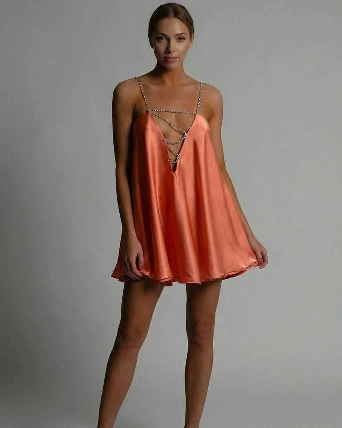Orange Satin A-line V-Neck Sleeveless Mini Dress | Prom, Celebrations & Everyday Wear, front view | Ramblion | SKU: MMD-582749103-orange-L-9481,MMD-582749103-orange-M-9059,MMD-582749103-orange-S-5866,MMD-582749103-orange-XL-6693,MMD-582749103-orange-XS-3642