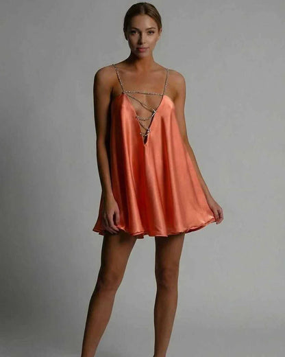 Orange Satin A-line V-Neck Sleeveless Mini Dress | Prom, Celebrations & Everyday Wear, front view | Ramblion | SKU: MMD-582749103-orange-L-9481,MMD-582749103-orange-M-9059,MMD-582749103-orange-S-5866,MMD-582749103-orange-XL-6693,MMD-582749103-orange-XS-3642