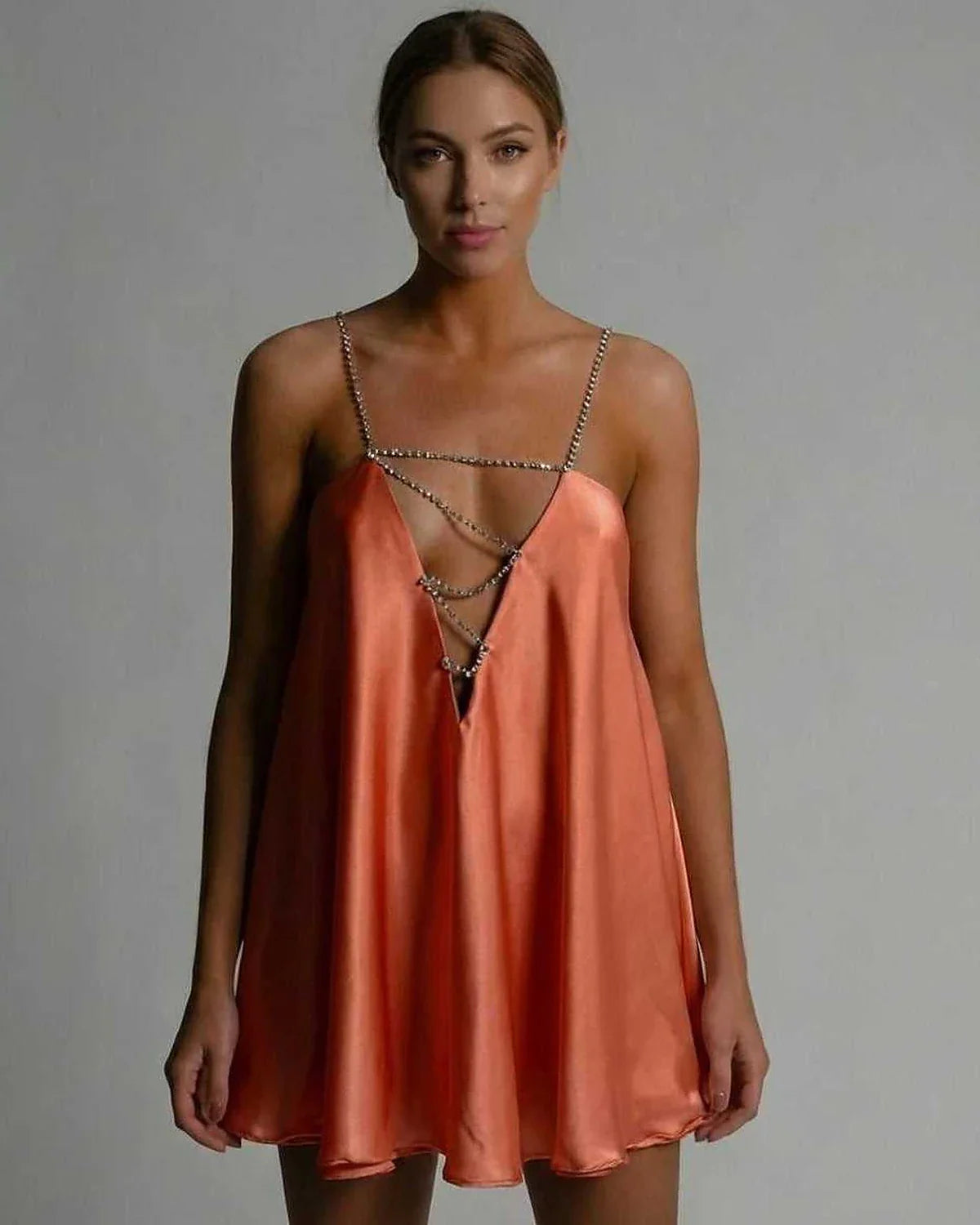 Orange Satin A-line V-Neck Sleeveless Mini Dress | Prom, Celebrations & Everyday Wear, front view | Ramblion | SKU: MMD-582749103-orange-L-9481,MMD-582749103-orange-M-9059,MMD-582749103-orange-S-5866,MMD-582749103-orange-XL-6693,MMD-582749103-orange-XS-3642