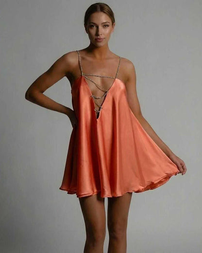 Orange Satin A-line V-Neck Sleeveless Mini Dress | Prom, Celebrations & Everyday Wear, front view | Ramblion | SKU: MMD-582749103-orange-L-9481,MMD-582749103-orange-M-9059,MMD-582749103-orange-S-5866,MMD-582749103-orange-XL-6693,MMD-582749103-orange-XS-3642
