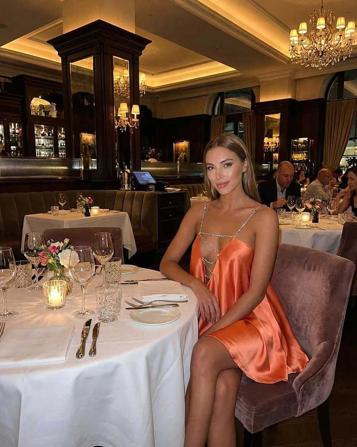 Orange Satin A-line V-Neck Sleeveless Mini Dress | Prom, Celebrations & Everyday Wear, lifestyle shot | Ramblion | SKU: MMD-582749103-orange-L-9481,MMD-582749103-orange-M-9059,MMD-582749103-orange-S-5866,MMD-582749103-orange-XL-6693,MMD-582749103-orange-XS-3642