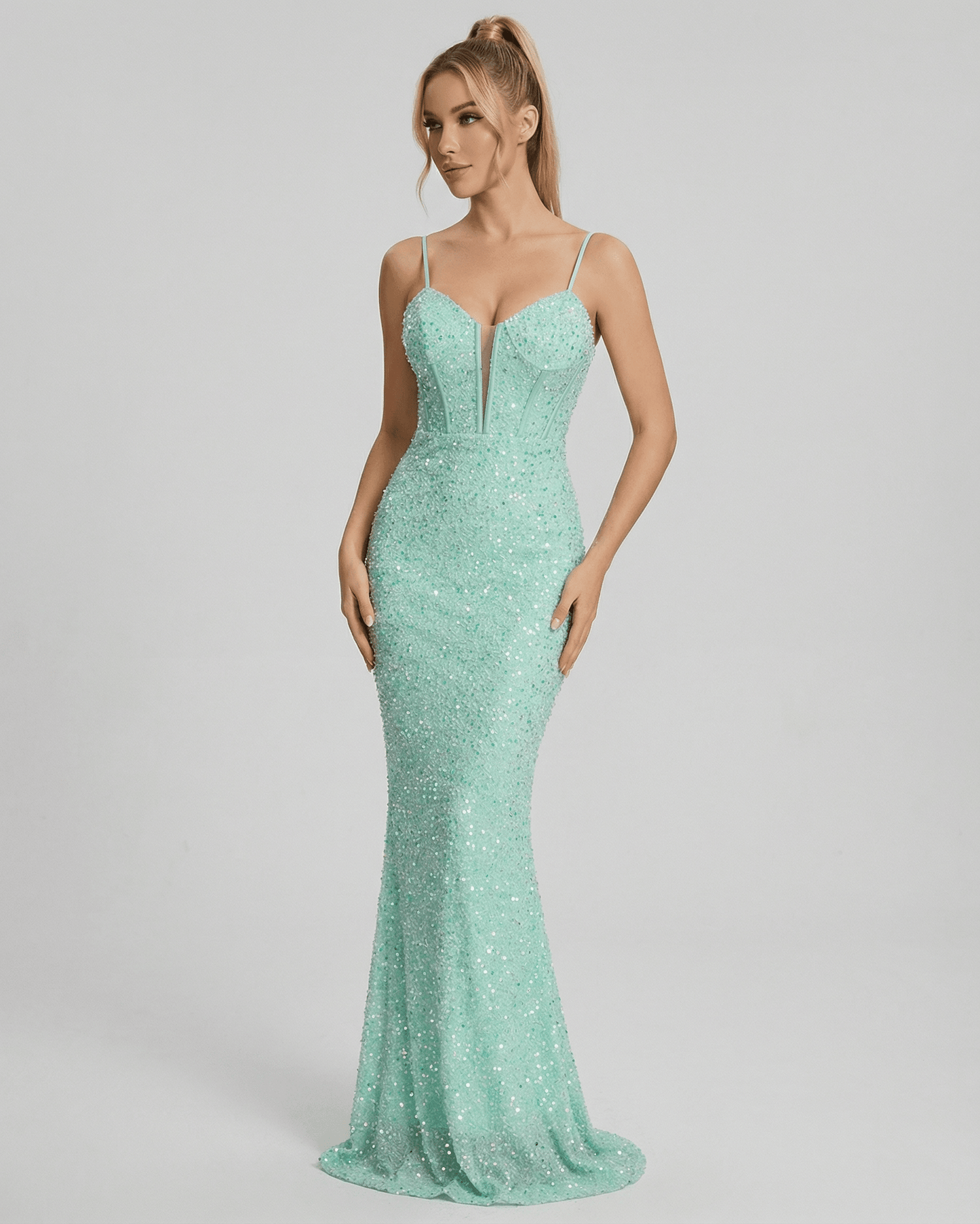 Levanzo Maxi Dress featuring a stunning sequin design, vibrant mint color, perfect for formal occasions, by RAMBLION.