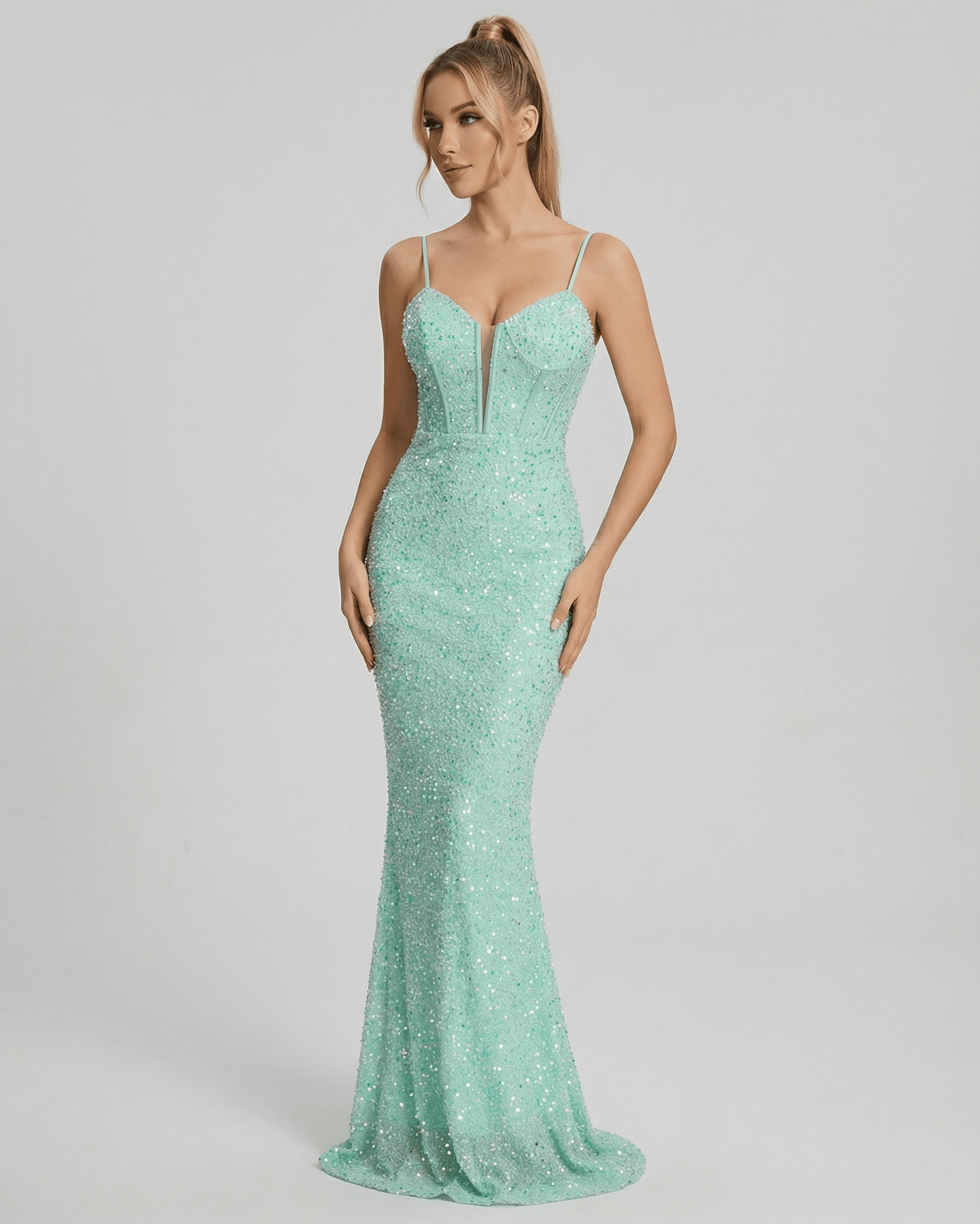 Levanzo Maxi Dress featuring a stunning sequin design, vibrant mint color, perfect for formal occasions, by RAMBLION.