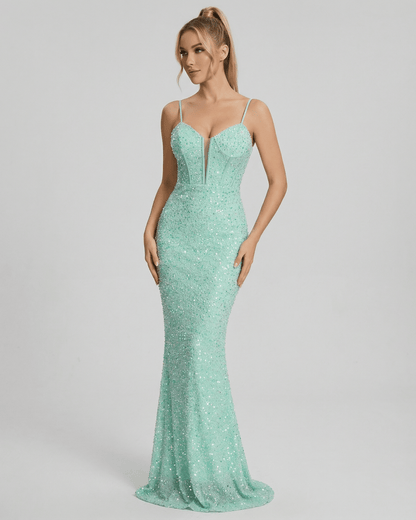 Levanzo Maxi Dress featuring a stunning sequin design, vibrant mint color, perfect for formal occasions, by RAMBLION.