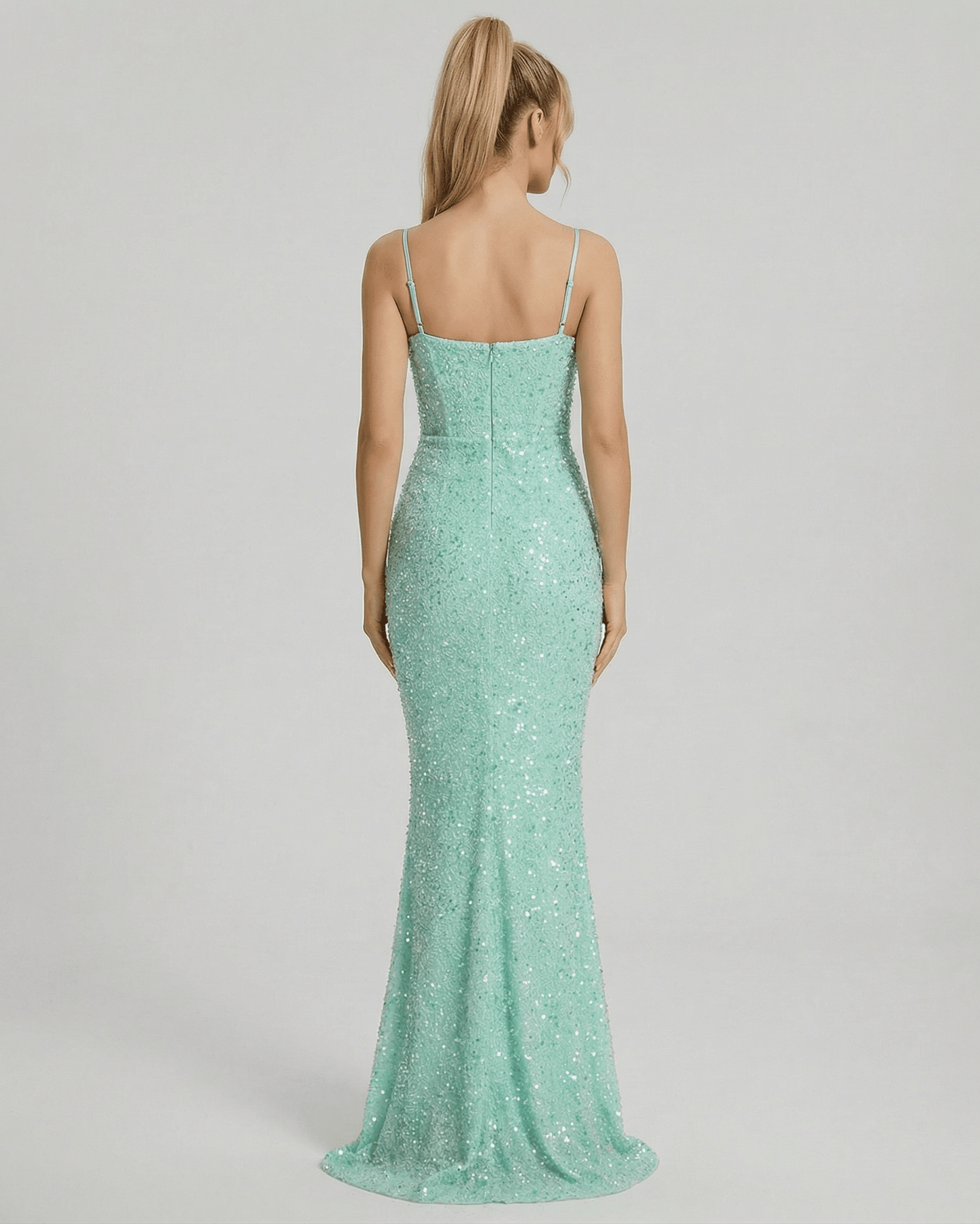 Levanzo Maxi Dress back view, green sequin fabric, elegant fitted design for formal occasions by RAMBLION.