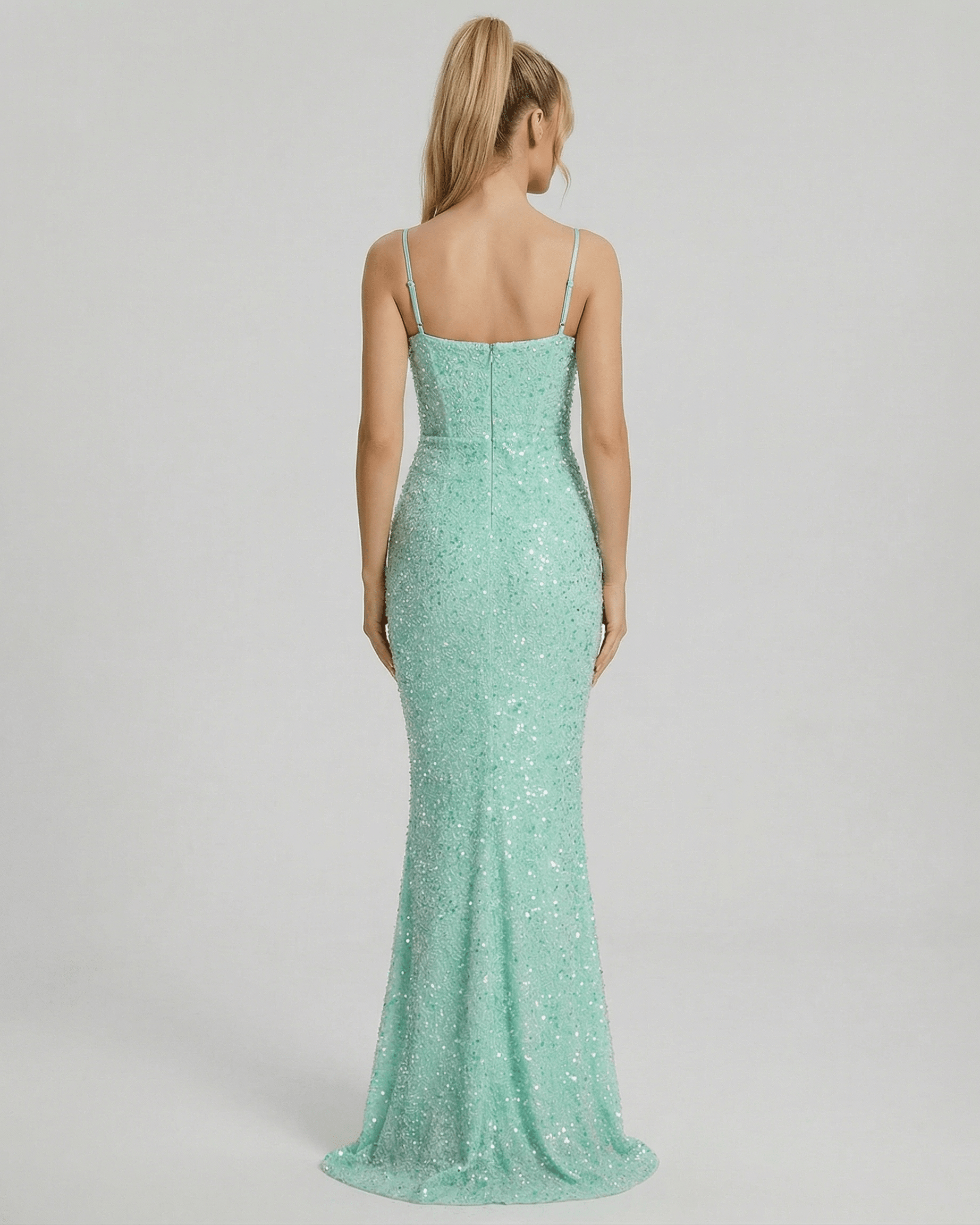 Levanzo Maxi Dress back view, green sequin fabric, elegant fitted design for formal occasions by RAMBLION.