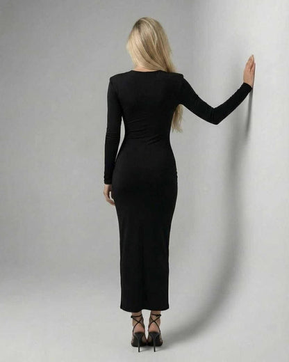 Levanzo Midi Dress in black, showcasing elegant silhouette, V neckline, perfect for modern occasions, by RAMBLION.