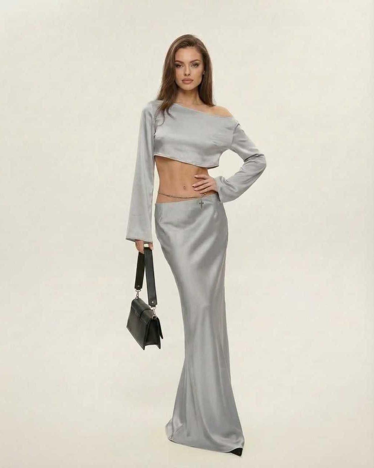 Lexa Midi Dress in elegant grey, polyester satin, asymmetrical design, perfect for evening wear by RAMBLION.