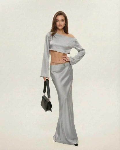 Lexa Midi Dress in elegant grey, polyester satin, asymmetrical design, perfect for evening wear by RAMBLION.