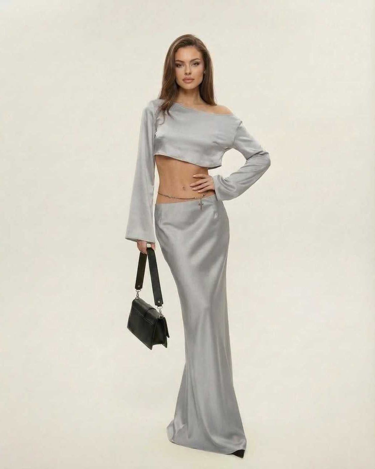 Lexa Midi Dress in grey satin, with slash neckline, elegant style for evening wear by RAMBLION.