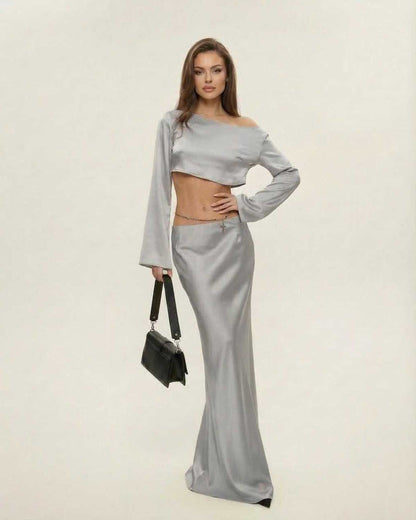 Lexa Midi Dress in grey satin, with slash neckline, elegant style for evening wear by RAMBLION.