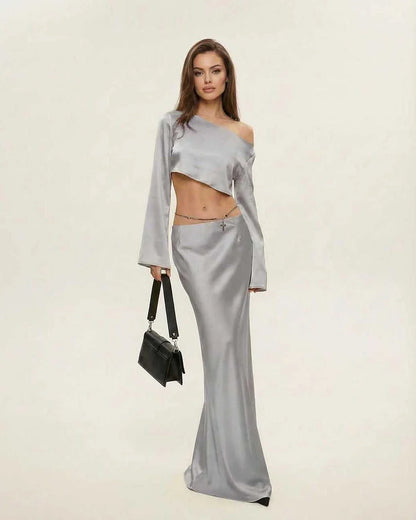 Silver Satin Wrap Round Neck Sleeveless Midi Dress | Gala Nights & Night Out, front view | Ramblion | SKU: NMD-582039471-silver-L-4380,NMD-582039471-silver-M-3729,NMD-582039471-silver-S-6980,NMD-582039471-silver-XL-9125,NMD-582039471-silver-XS-2735