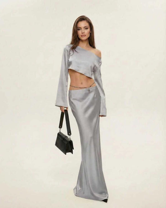 Silver Satin Wrap Round Neck Sleeveless Midi Dress | Gala Nights & Night Out, front view | Ramblion