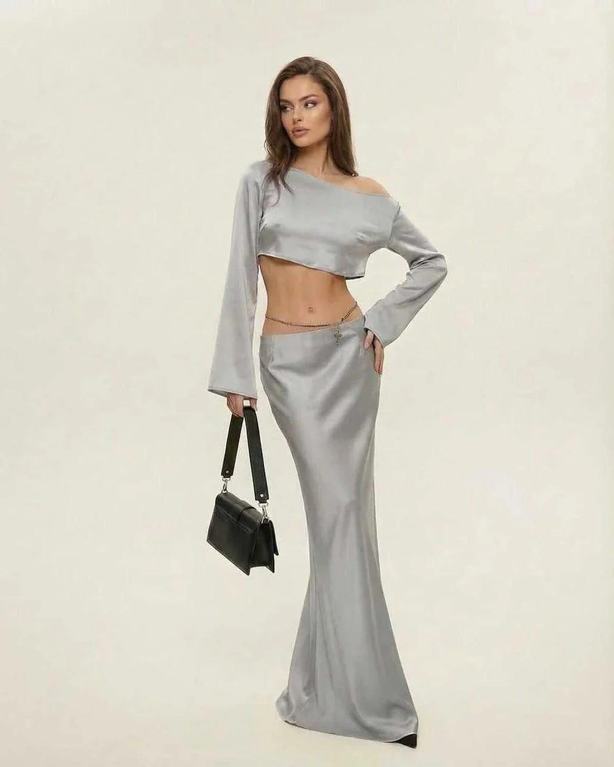 Silver Satin Wrap Round Neck Sleeveless Midi Dress | Gala Nights & Night Out, front view | Ramblion | SKU: NMD-582039471-silver-L-4380,NMD-582039471-silver-M-3729,NMD-582039471-silver-S-6980,NMD-582039471-silver-XL-9125,NMD-582039471-silver-XS-2735